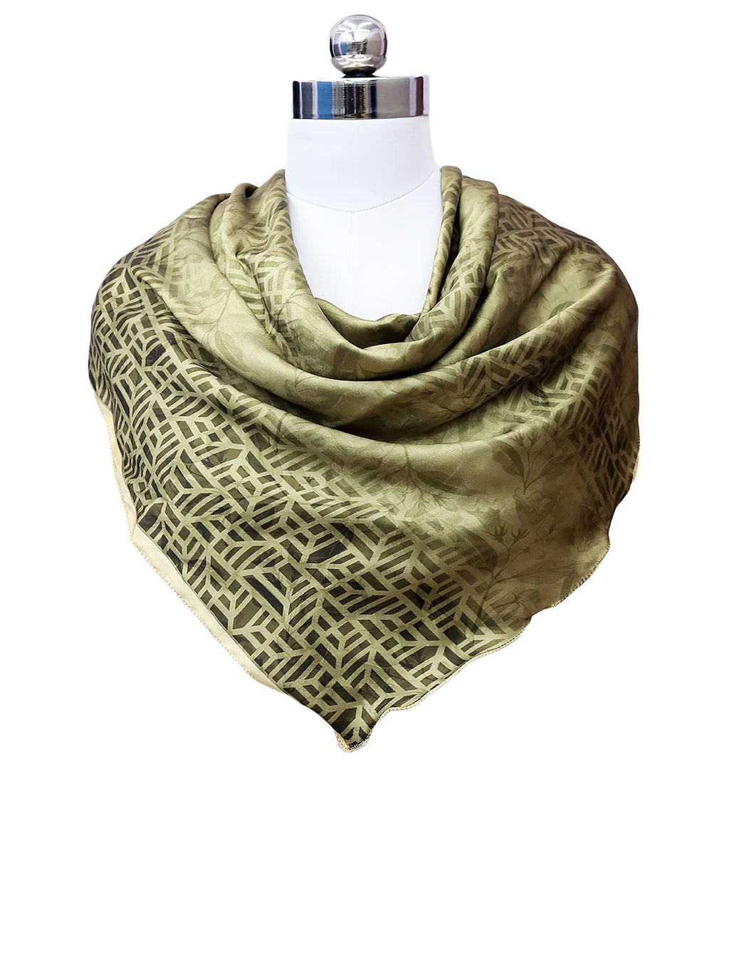 leeza store Women's Premium Silk Scarf – Olive Green 40X40 Square Stole | Tonal Vine Motif Design | Soft Lightweight Silk Neck Scarf, Head Scarf & Hijab Wrap