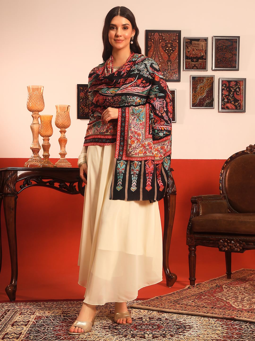 Pashmoda Women Rangkalam 100% Pure Wool Fabric Kalamkari Embroidered Shawl (Size: 40x80in, 101x203cm) KAS21