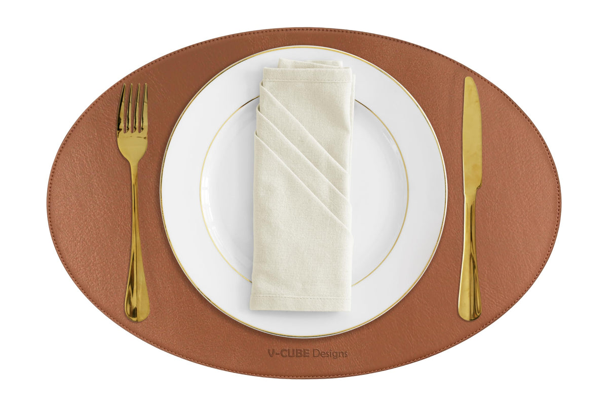 V-CUBE Designs Premium Vegan Leather Placemats Set of 6 - Waterproof - Wipe Clean - Heat Resistant - Anti Slip Dining Table Mat, Suitable for Kitchen Table, Indoor & Outdoor Use - Tan Kafalo