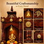Panchmukhi Solid Sheesham Wood Temple for Home | Handcrafted Wooden Pooja Mandir with Hanging Bell & Om Design | Premium Brown Finish Mandir for Puja Room | 13x6x7 Inch (LWH)