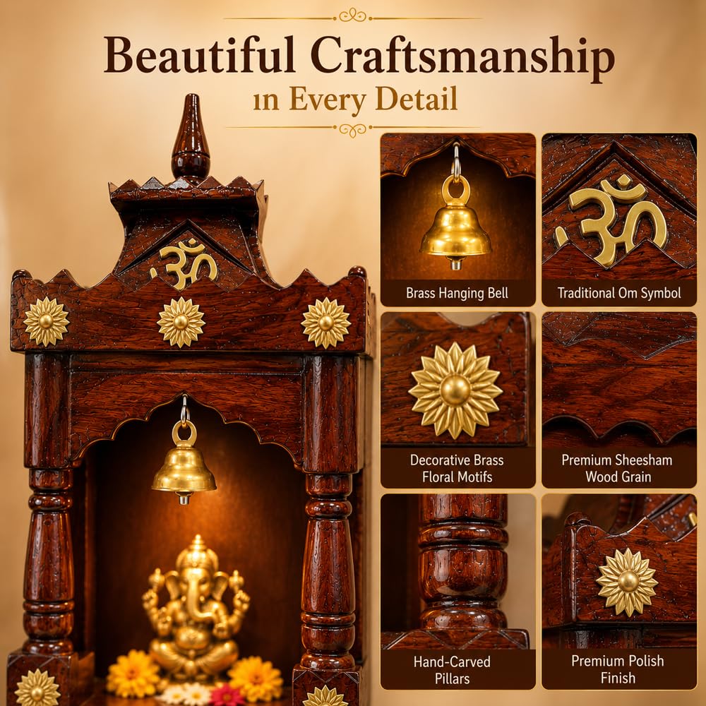 Panchmukhi Solid Sheesham Wood Temple for Home | Handcrafted Wooden Pooja Mandir with Hanging Bell & Om Design | Premium Brown Finish Mandir for Puja Room | 13x6x7 Inch (LWH)