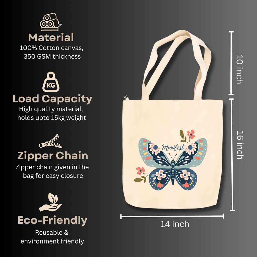 snapiq COTTON 350 GSM Canvas Tote Bag for Women and Girls Thick Fabric with Zipper (Beige, Butterfly1)