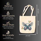 snapiq COTTON 350 GSM Canvas Tote Bag for Women and Girls Thick Fabric with Zipper (Beige, Butterfly1)