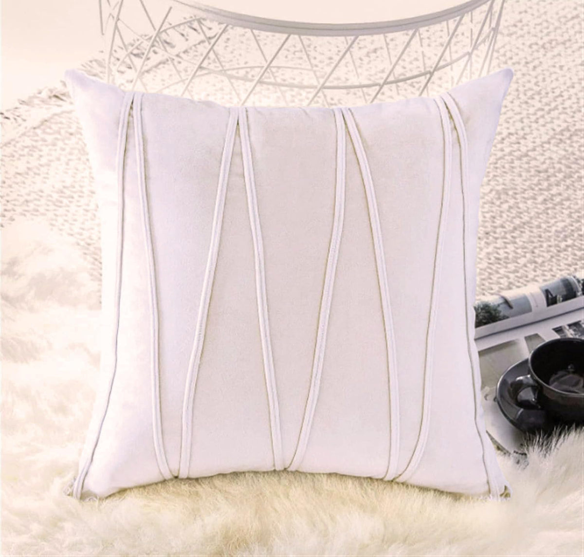 Khooti Velvet Striped Cushion Cover Pack of 1-36 x 36 / 91 x 91 cm | Pure White | Soft Pillow Covers Cushion Case for Sofa Bedroom Livingroom Chair Car, Cushion Cover with Zig Zag Pattern