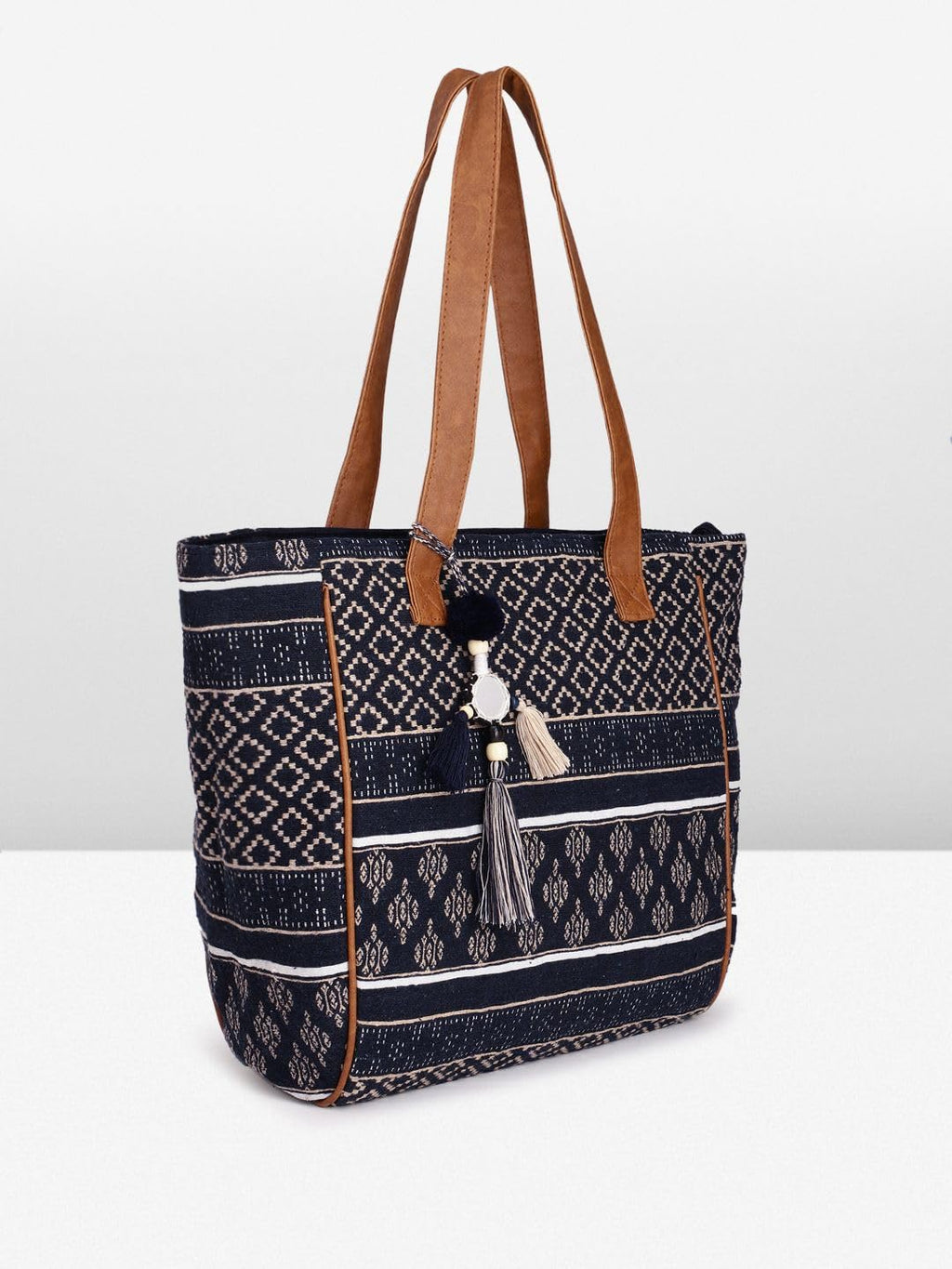 PRIMROSE Chevron Pattern Tote Bag with Tassels, Beige and Multi-Colour (Navy Blue)