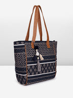 PRIMROSE Chevron Pattern Tote Bag with Tassels, Beige and Multi-Colour (Navy Blue)