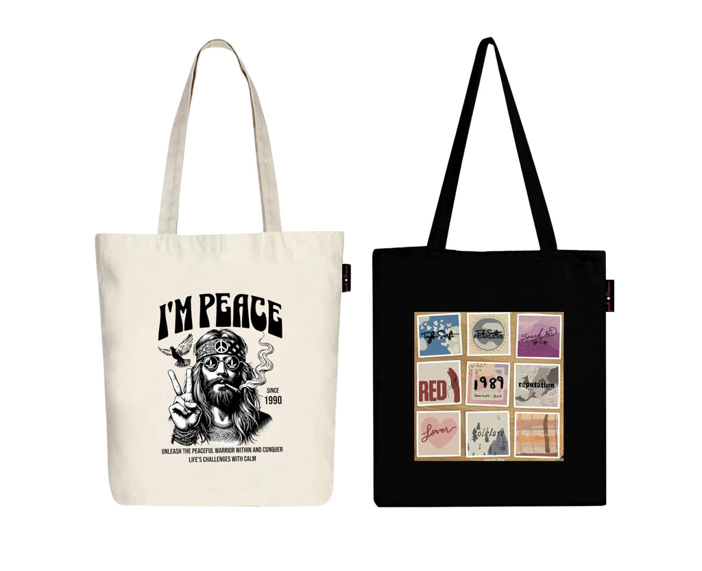 Peach Blossom Printed Cotton Zipper Tote Bags | CBAG - WHT-I M PEACE_BLK-1989(9) BOX