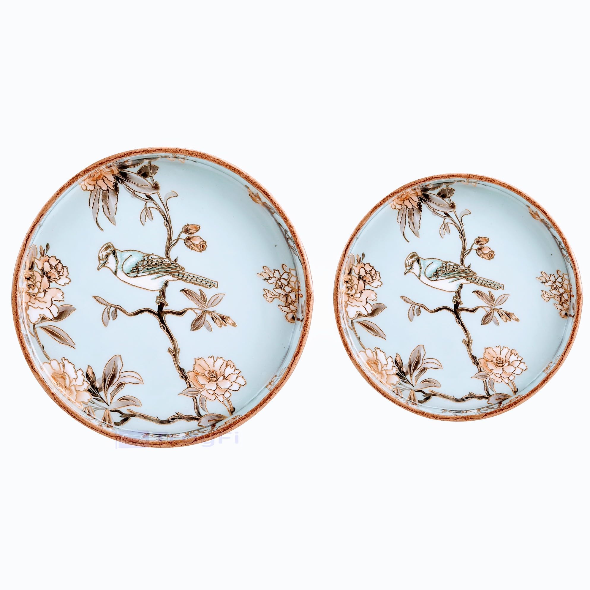 TrayFi MDF Round Wooden Serving Tray | Pack of 2 | Enamel Finished Trays - Size : 9x9, 7x7 Inches | Handcrafted Wooden Tray for Kitchen & Dining (Blue Birds)