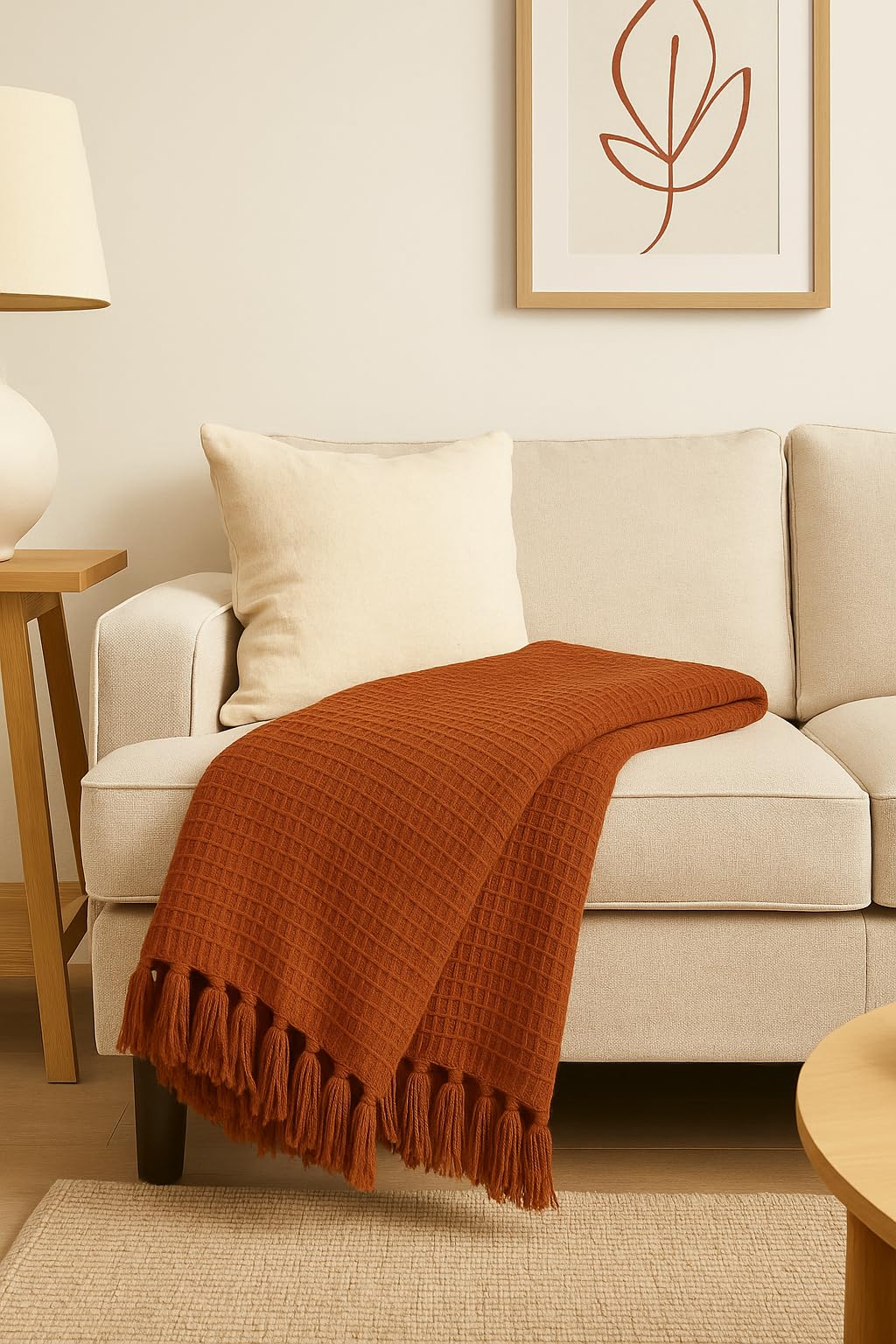 Wisdom Decor Waffle Knit Throw Blanket with Tassels for Sofa & Bed for All Seasons – Lightweight Decorative Cozy Blanket for Living Room & Bedroom (127x152 cm) (Rust) Kafalo