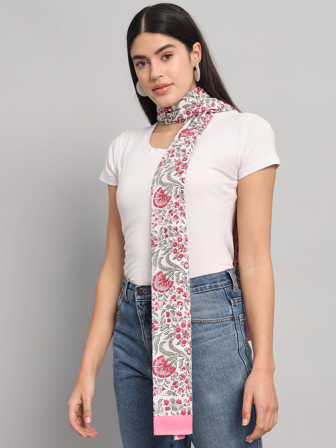 Ravaiyaa - Attitude is everything Female Cotton Women Off White & Pink Hand Block Floral Printed Scarf 71 X 21 Inch