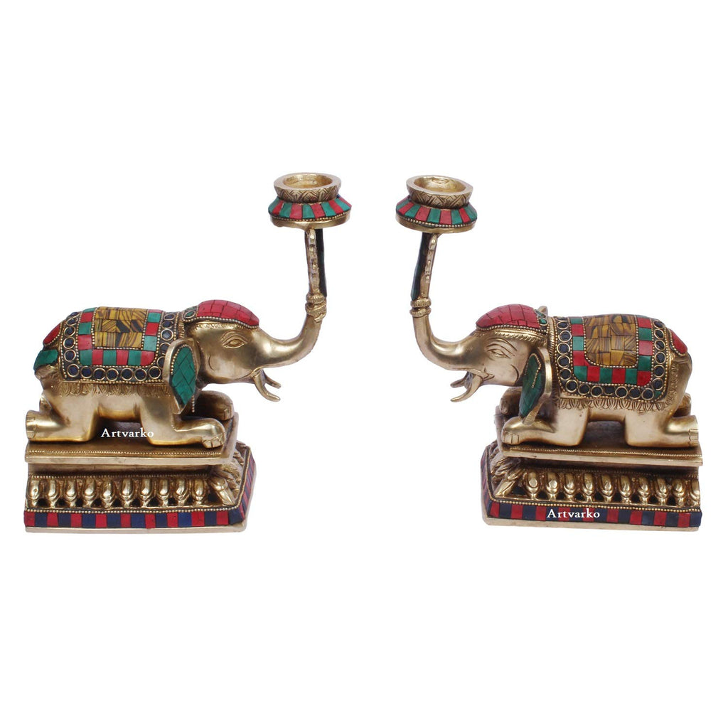 Artvarko Elephant Tealight Candle Holder Pair (2 Pcs) Brass Multicolor Gemstone Handwork Height 8 Inches
