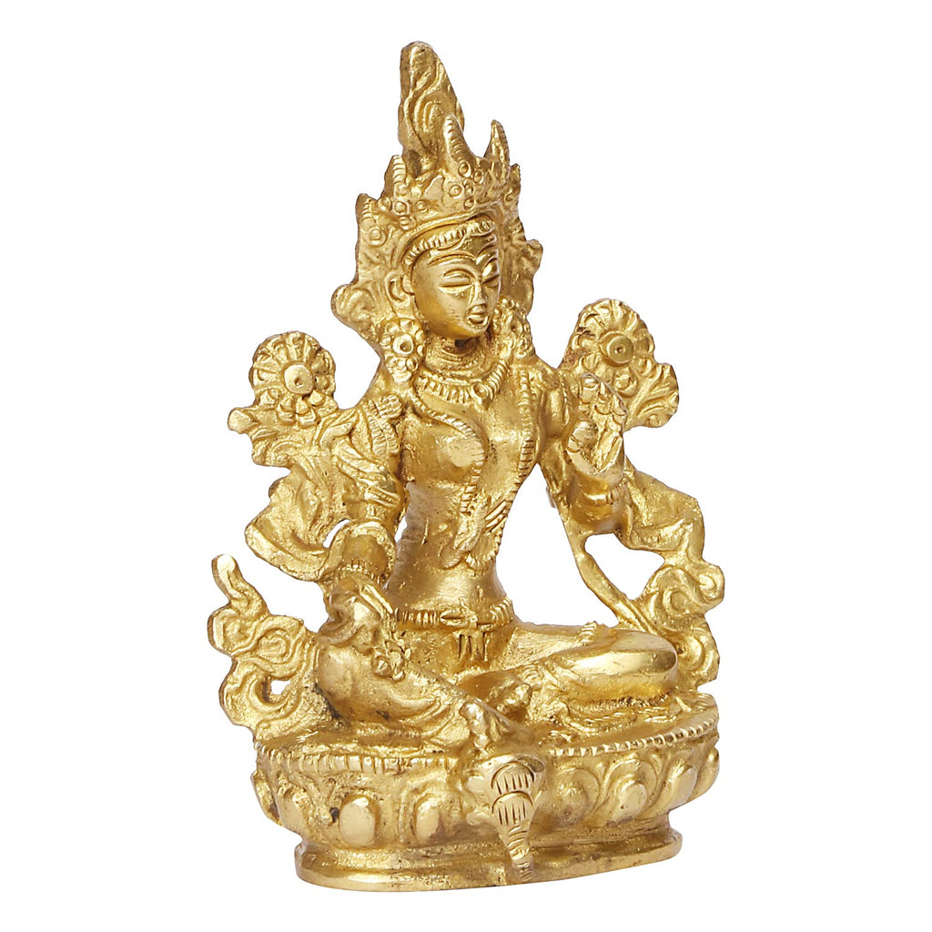 ARTVARKO Brass Goddess Tara Devi Sitting Idol Tibetan Buddhist Goddess Green Tara Decorative Sculpture - 3.5 Inches