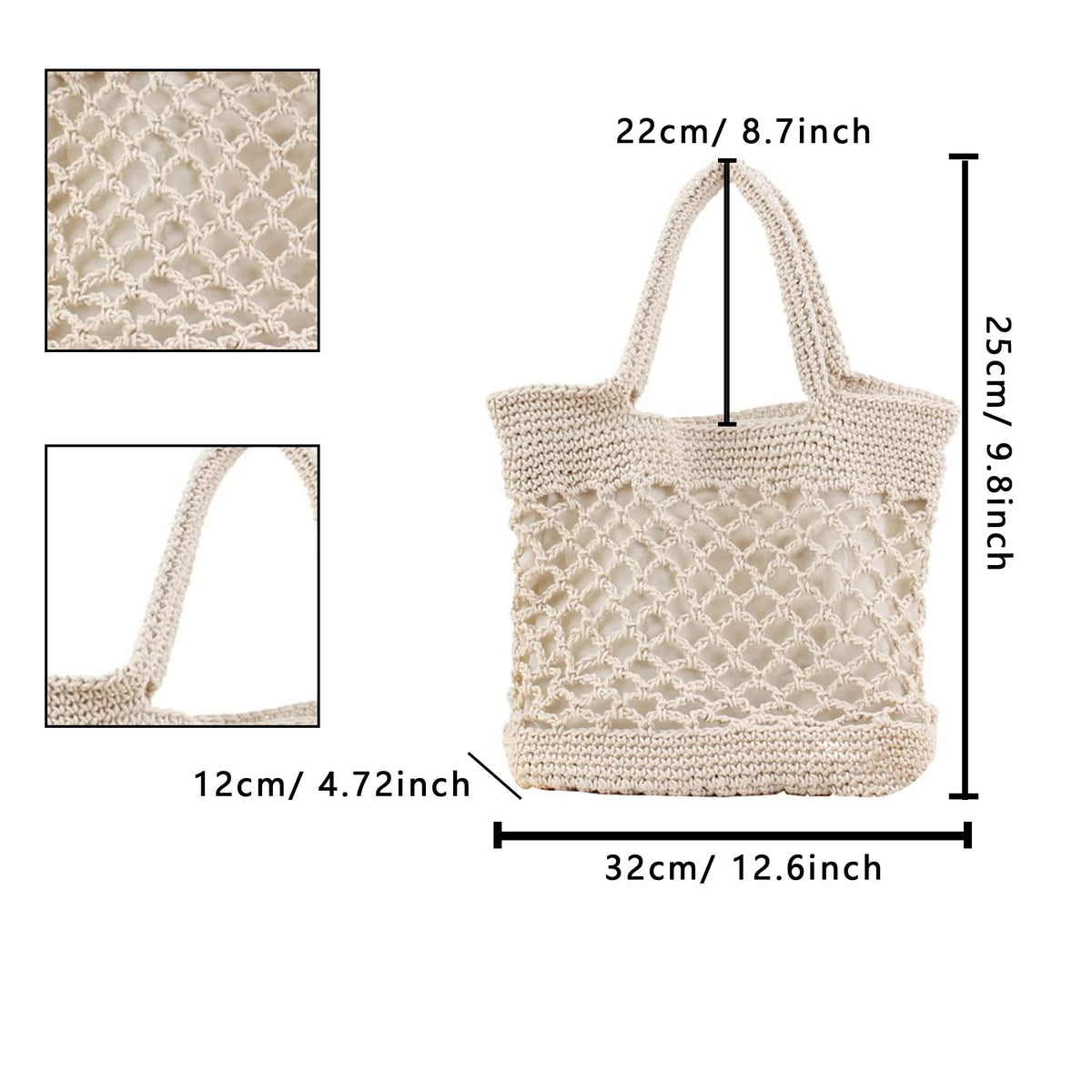 NiCoLa Beach Bag for Women Black Handbag Cotton Tote Bags with Hollow Out Design for Beach Hiking Holiday Travel Outdoor Picnic Daily Use, White, 12.6inch
