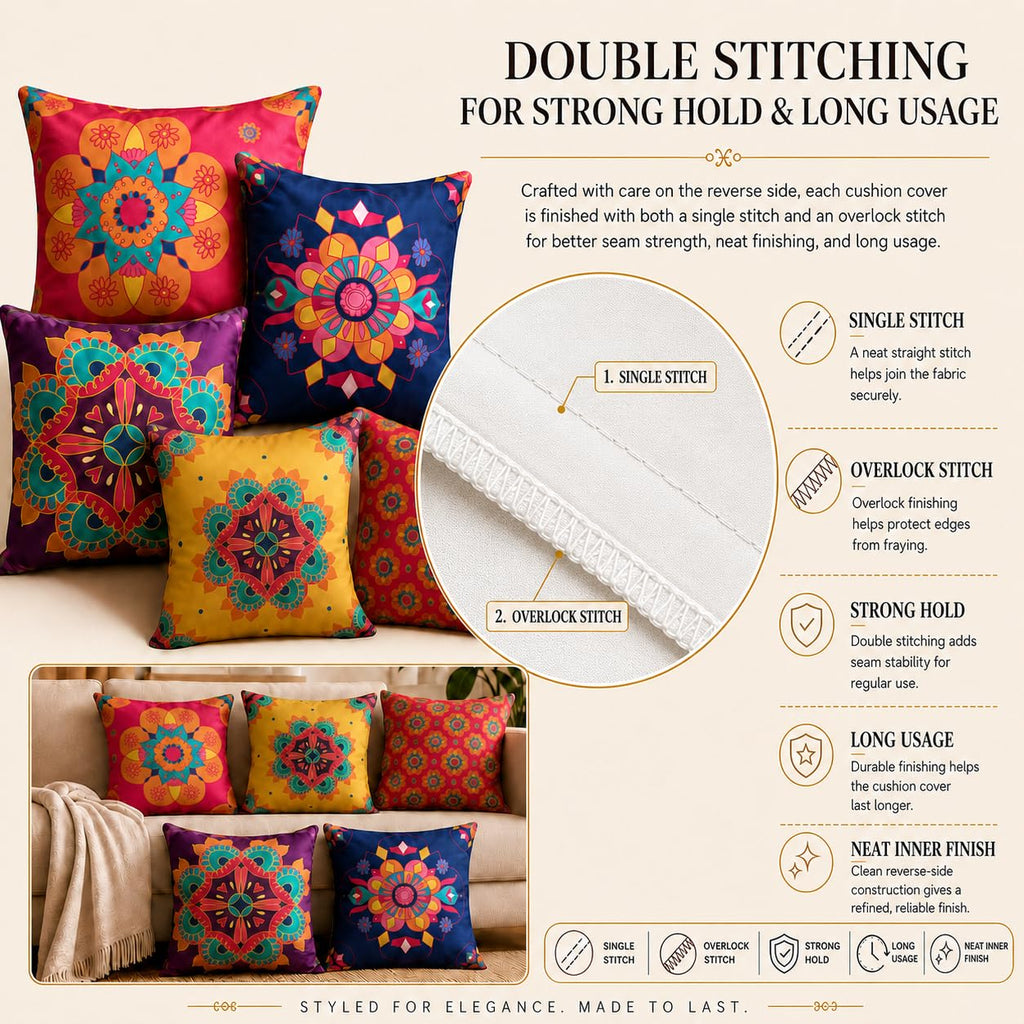 Vendola Decorative Satin Sofa Cushion Covers Set of 5, 12 inch x 12 inch, Sofa Pillow Cover, Ethnic Festive, Yellow, Blue & Multicolor, Rangoli Rajasthani Design Zipper Closure (Amber, 12X12 Inches)