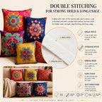 Vendola Decorative Satin Sofa Cushion Covers Set of 5, 18 inch x 18 inch, Sofa Pillow Cover, Ethnic Festive, Yellow, Blue & Multicolor, Rangoli Rajasthani Design Zipper Closure (Amber, 18X18 Inches)
