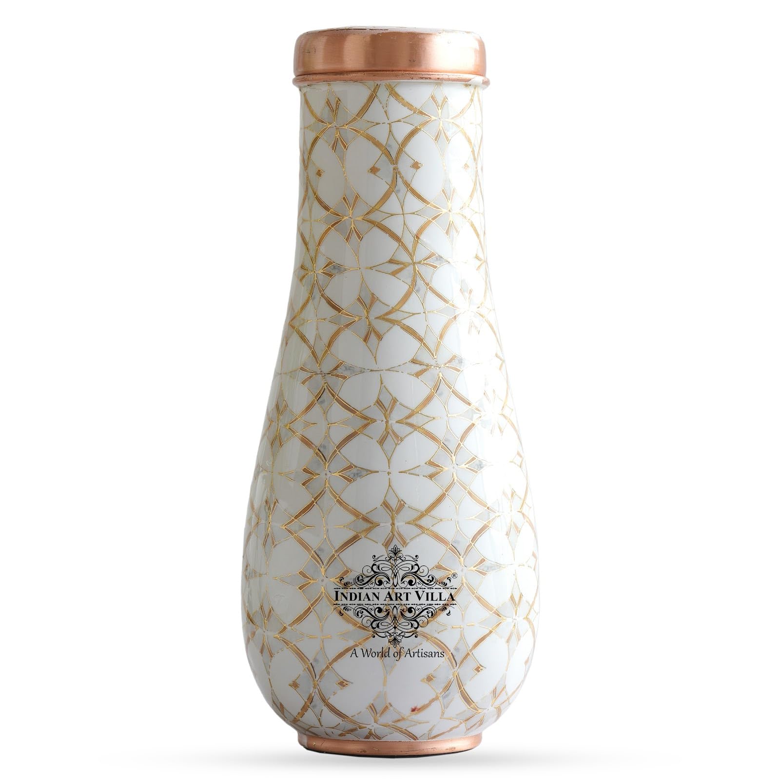 INDIAN ART VILLA Copper Gold Block Print Bedroom Bottle – Designer Drinkware, Stylish Copper Water Bottle for Home Use, Volume- 1500 ML
