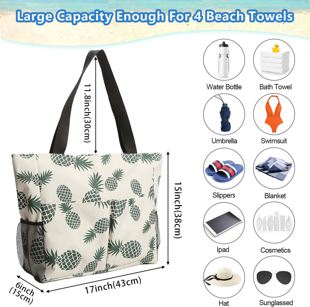 hirTa Roof Tote Bag for Teacher Women Girls Office Work Multipurpose HandBag with Zipper Pocket Travel Grocery Beach Hobo Waterproof Sandproof Lightweight Pool (Green Pineapple)