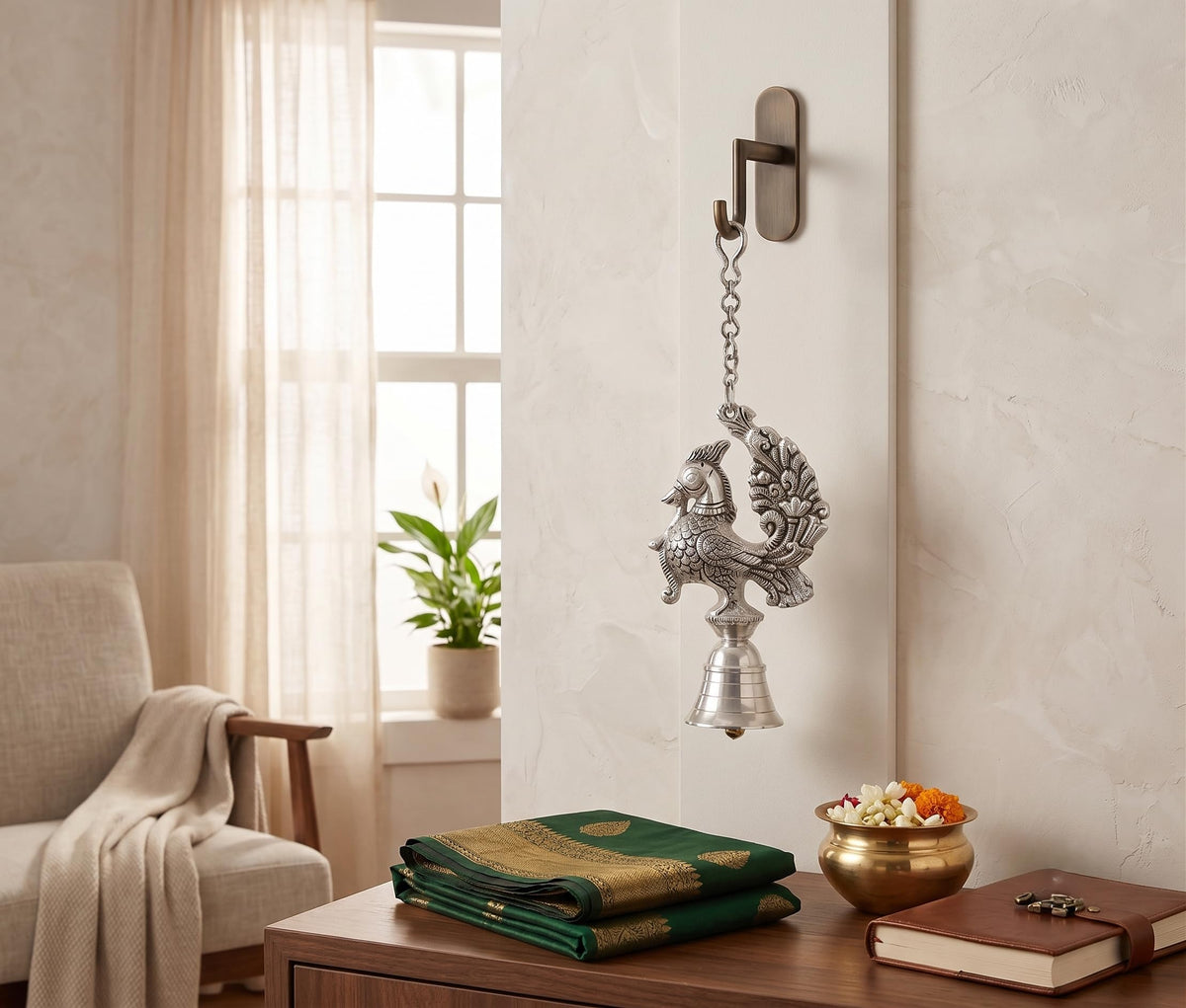 KridayKraft Ornate Peacock Hanging Bell – Antique Silver Finish Decorative Showpiece for Living Room, Entrance & Spiritual Decor