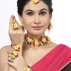 ZENEME Handmade Peach & Yellow Floral Jewellery Set for Women & Girls | Handcrafted Flower Necklace Set with Earrings, Maang Tikka & Pair of Hathphool | Mehendi, Haldi, Wedding & Bridal Jewallery