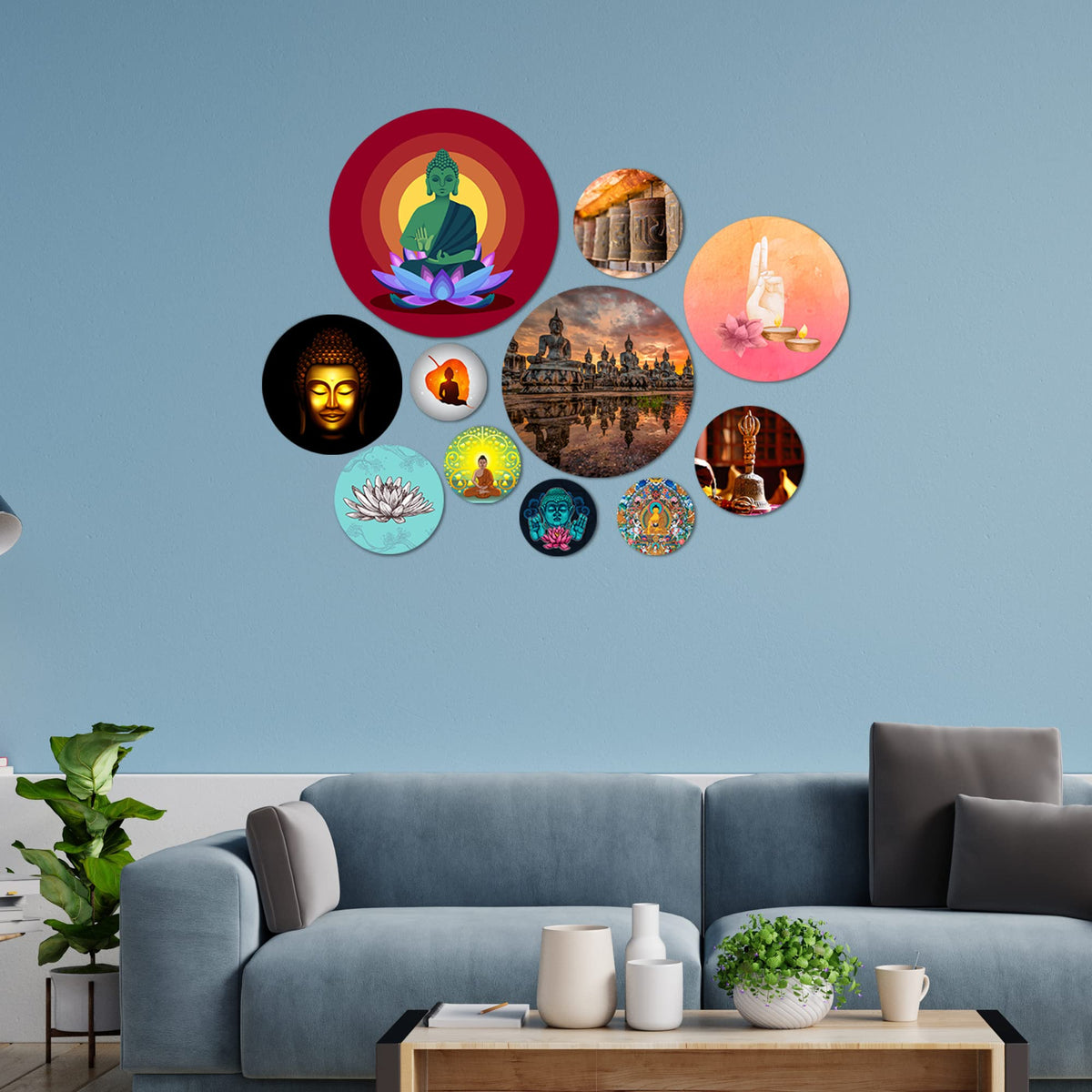 Artvibes Spiritual Buddha Meditation Round Shape MDF Wooden Wall Decor Items | Wall Art Painting For Hall | Wall Paintings | Handcrafted Art | Ethnic Wall Decor | Gift Items (WPS_110NN), Set of 11