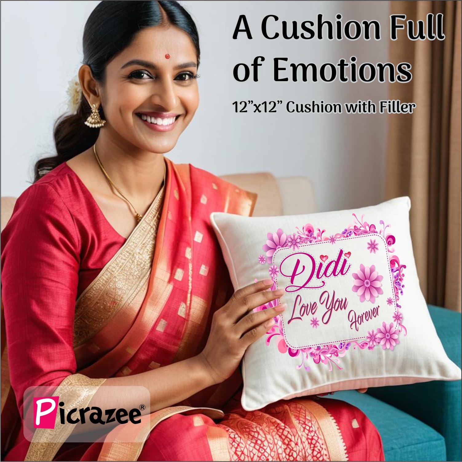 PICRAZEE Birthday | Raksha Bandhan Gift for Sister – 12 Cushion with Filler, Ceramic Mug, Keyring, Fridge Magnet & Greeting Card | Birthday/Raksha Bandhan Gift Set