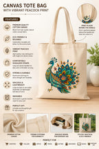 Cellwox Plus Printed Cotton Canvas Tote Bag for Women | Peacock Design Reusable Shopping Grocery Bag | Eco Friendly Cloth Shoulder Tote for Office College Travel Beach Daily Use