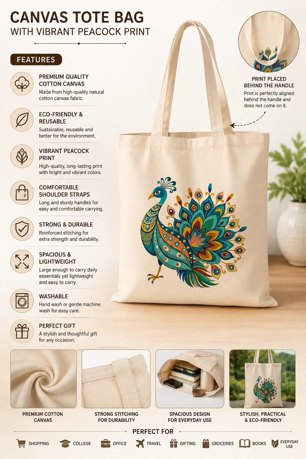 Cellwox Plus Printed Cotton Canvas Tote Bag for Women | Peacock Design Reusable Shopping Grocery Bag | Eco Friendly Cloth Shoulder Tote for Office College Travel Beach Daily Use