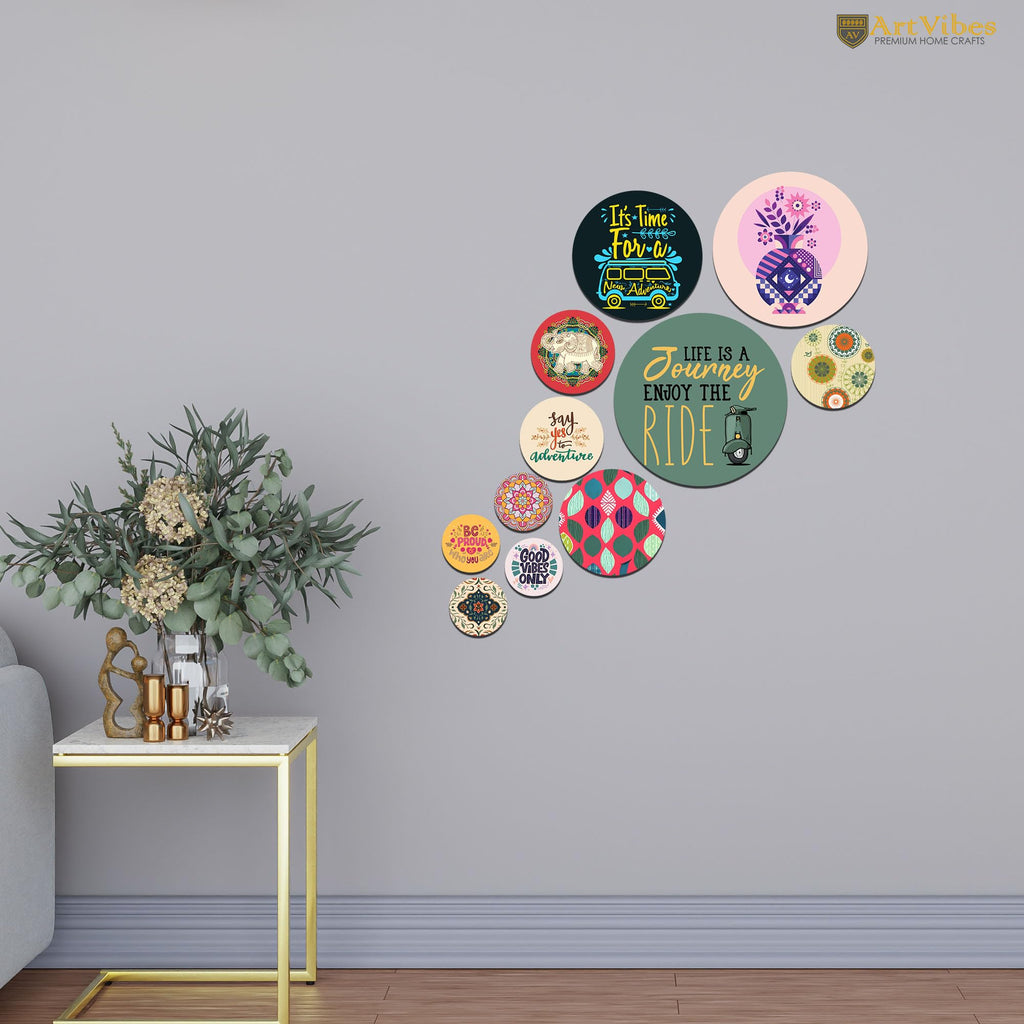Artvibes Its Time for A New Adventure Decorative Round Shape MDF Wooden Wall Hanging | Quotes Decor Item | Traveller Quotes Wall Art | Wall Poster | Home Decor | Unique Gift (WPS_142NN), Set of 11