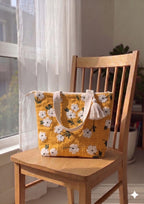 Cotton Tote Bag for Women 16 x 16 Inch | Cotton Canvas Shoulder Handbag with Zipper & Tassel | Reusable Shopping Tote Bag for Office, College, Travel, Grocery & Daily Use | Daisy Print (Design - 1)
