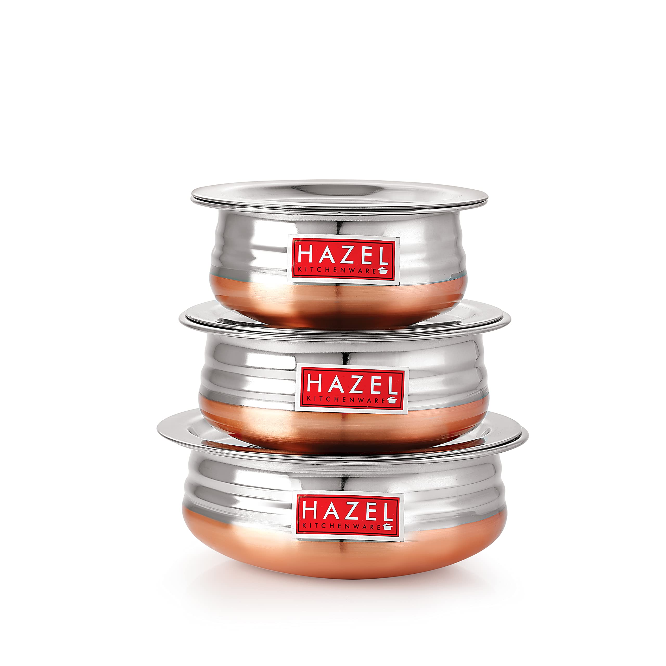 HAZEL Stainless Steel Kitchen Set with Lid | Copper Bottom Serving Bowl Set of 3, 800 ml, 1200 ml, 1600 ml with I Stainless Steel Vessels Tasra Kadai, Silver and Copper