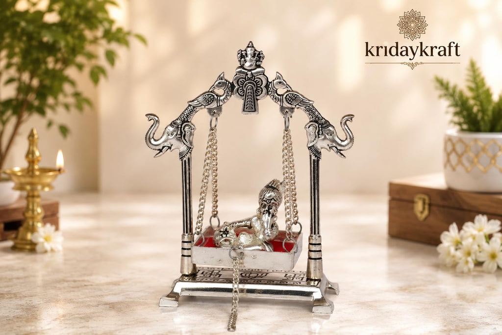 KridayKraft Silver Plated Metal Krishna Jhula with Elephant Design Stand | Lord Krishna on Swing Idol for Home Decor, Janmashtami Puja, Temple, & Spiritual Gifting.