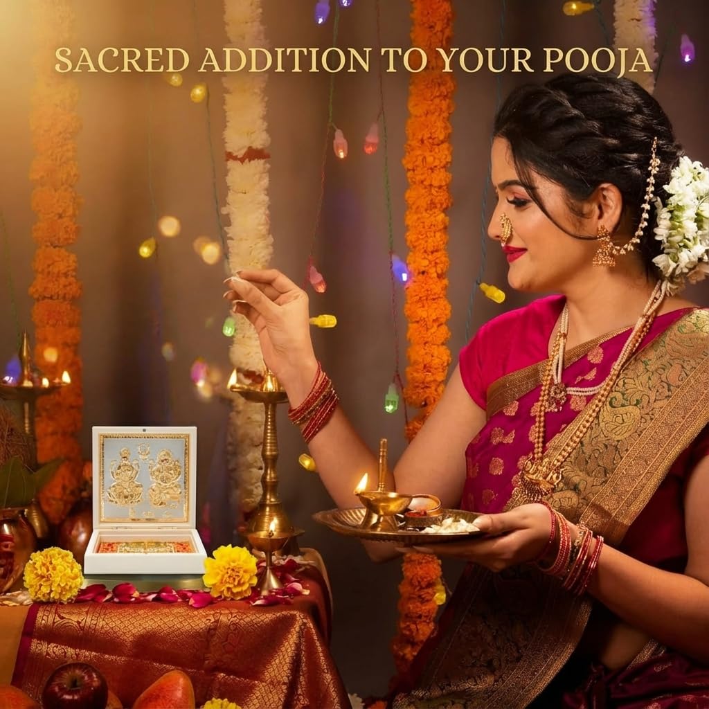House Of Wemy Gold Plated Laxmi Ganesh Pocket Temple Box for Pooja Room | Lakshmi-Ganesha Divine Pooja Boxes With Photo Frame & Charan Paduka | Diwali Gift & Home Decor - White - 4.5 Inches -Pack of 1