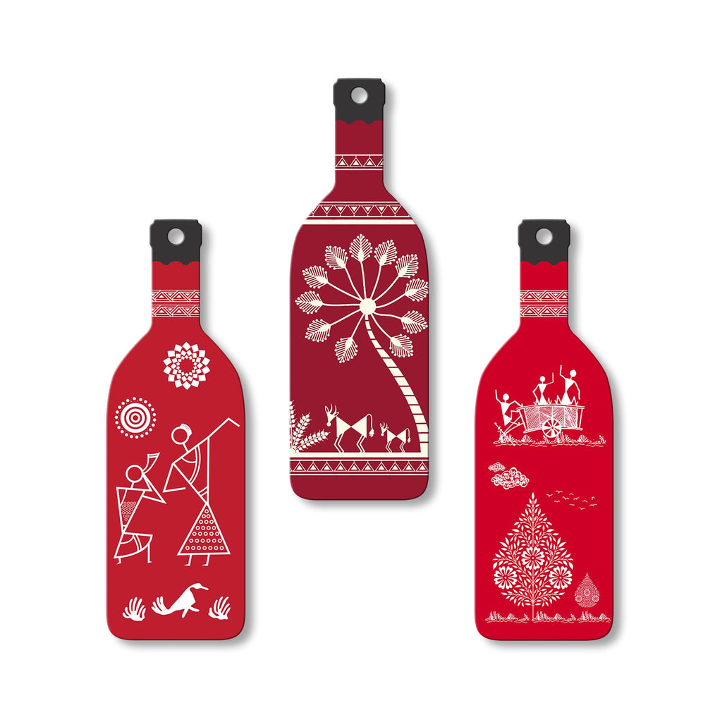 Artvibes Tribal Warli Art Decor Bottle shaped Wooden Wall Hanging | Living Room | Office | Cafe | Handcrafted Art | Wall Accent | Art Painting | Artworks Hangings | Gift Items (WH_9526N), Set of 3
