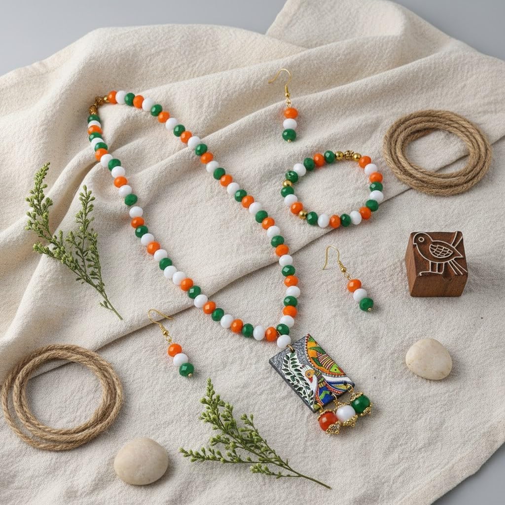 JFL - Jewellery for Less Traditional Tri Color Necklace set with Peacock Pendant & Bracelet Handmade Fashion Jewellery for Independence Day/Republic Day Women & Girls