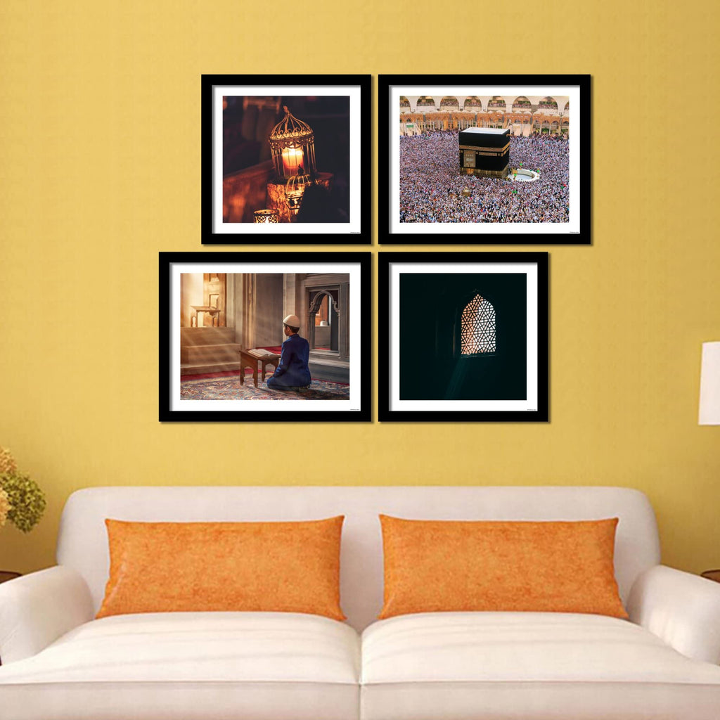 VIBECRAFTS Muslim Pilgrimage Praying & Kaaba 4 Pieces For Office Digital Reprint Posters with Synthetic Wooden Frame Home, Office Decorative Gift Item(15 inch x 12 inch)(PFVC4Pcs3_1503)