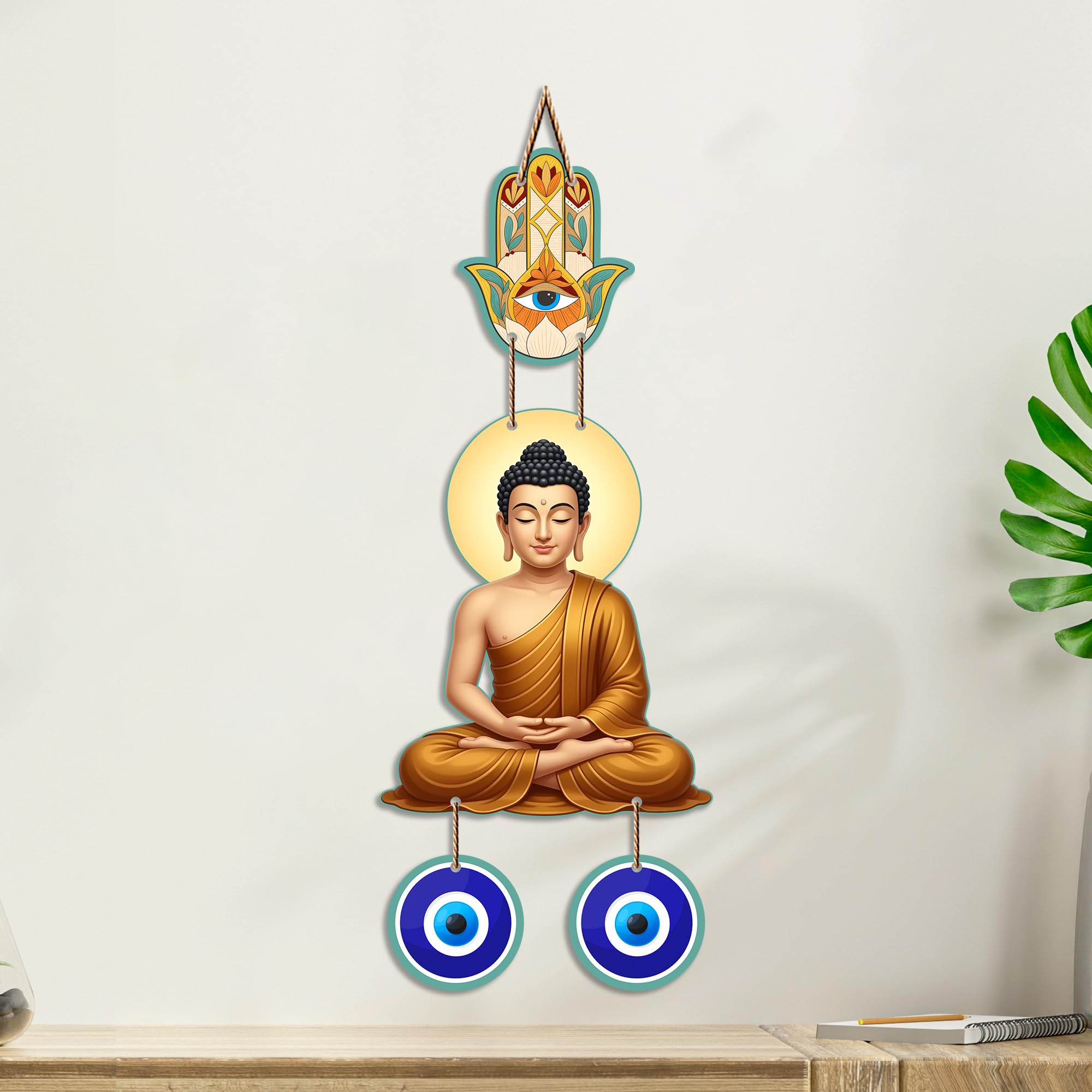Artvibes Meditating Buddha Wall Hanging with Hamsa Hand and Evil Eye Protection Charm | Spiritual Home Decor for Meditation and Mindfulness | Decorative Hanging for Living Room | Yoga Space (WH_8599N)
