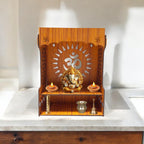 giftingcare Wooden Temple for Home & Office | Wall Mounted & Tabletop Pooja Mandir | Compact Wooden Puja Stand for Desk, Living Room & Gifting | Teak Finish Decorative Design