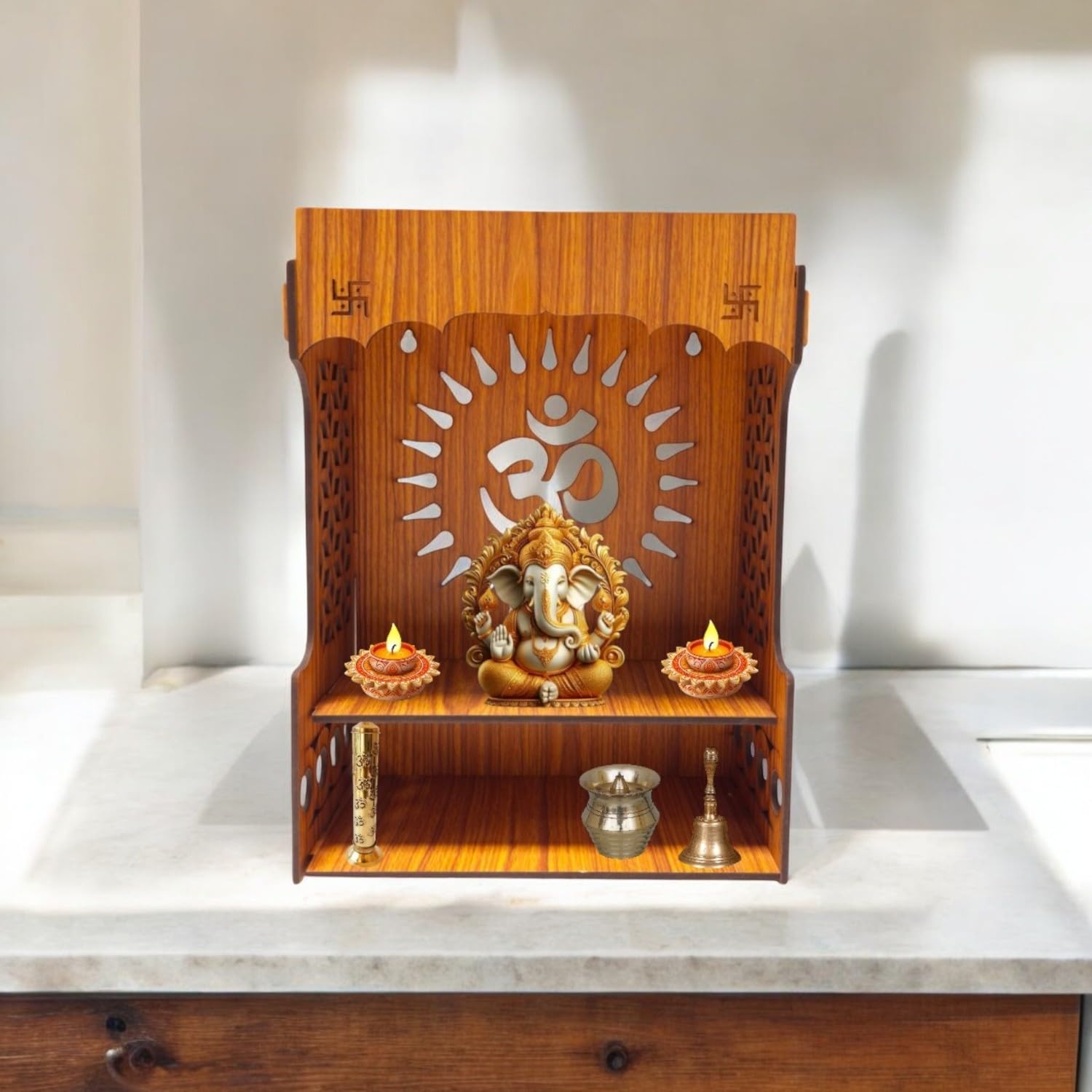 giftingcare Wooden Temple for Home & Office | Wall Mounted & Tabletop Pooja Mandir | Compact Wooden Puja Stand for Desk, Living Room & Gifting | Teak Finish Decorative Design