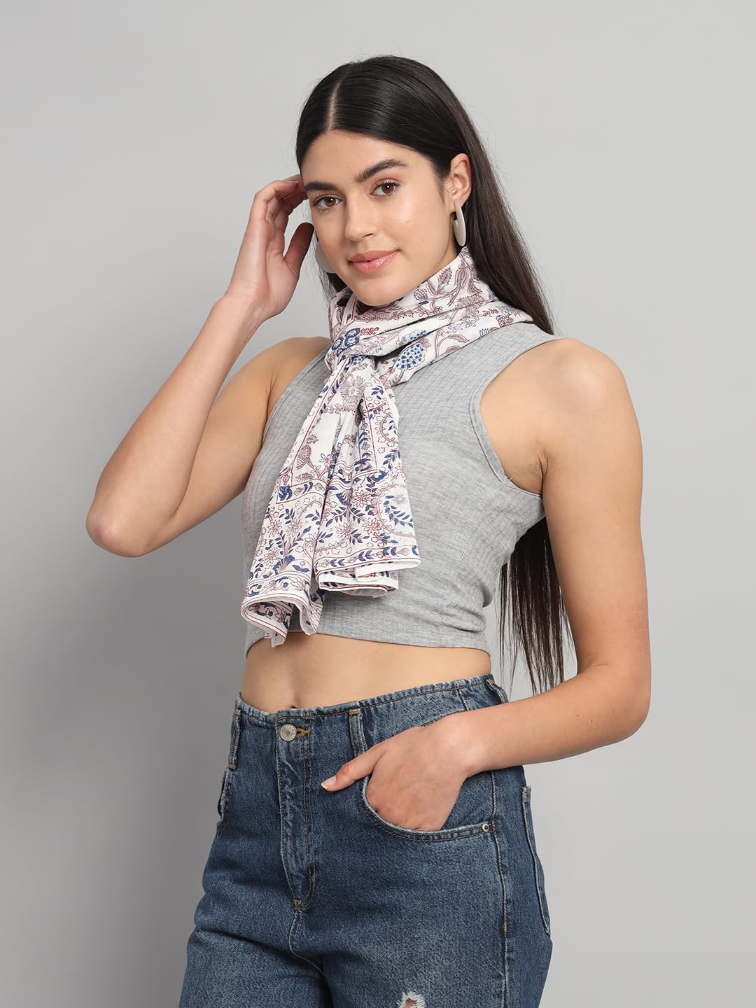 Ravaiyaa - Attitude is everything Women White & Multi Hand Block Floral Printed Cotton Scarf 71 X 21 Inch