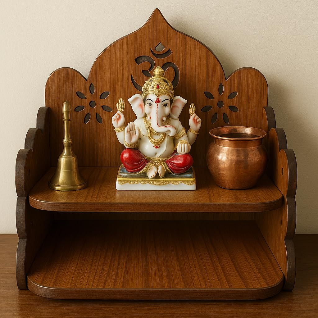 Aartor Wooden Wall-Mounted Temple Shelf with Om Design, 20 cm x 23 cm, Brown