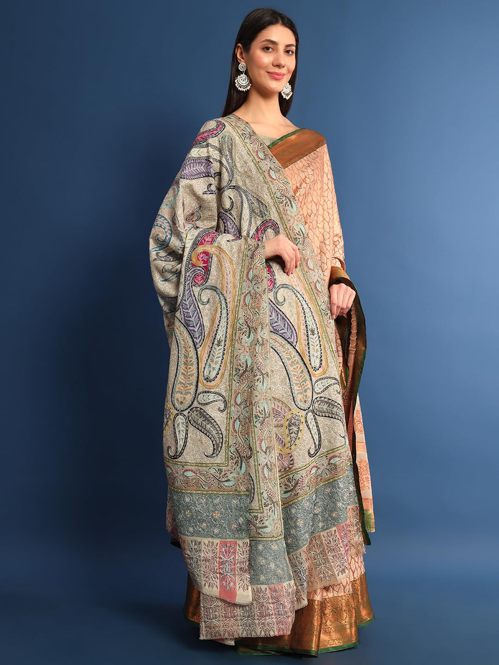 Pashmoda Women Fiza Fine Wool Fabric Pashmina Kalamkari Embroidered Shawl, Stole and Wrap, Sustainable and Natural Fabric, Heritage Kashmiri Pashmina(Size 45x90)