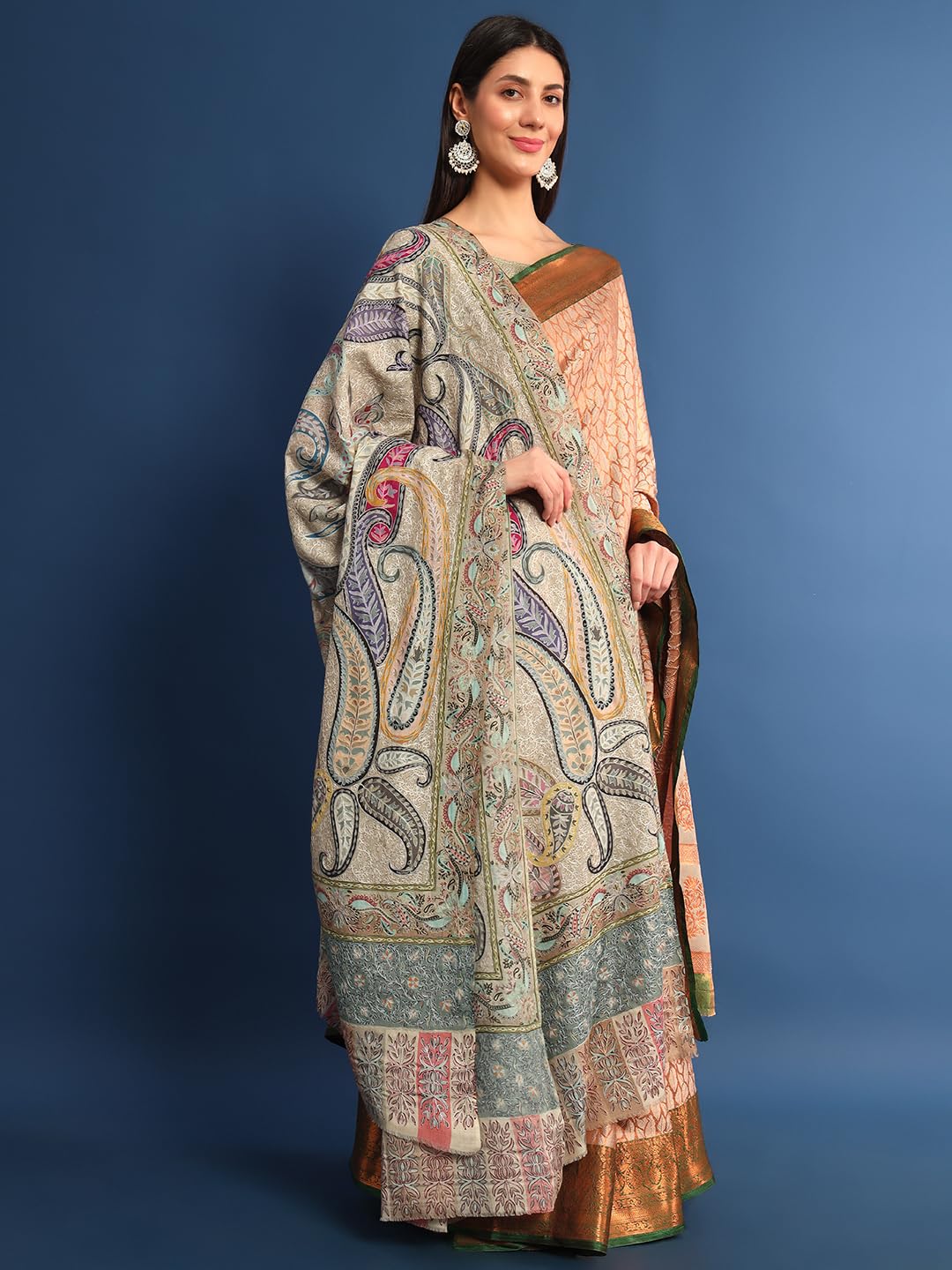 Pashmoda Women Fiza Fine Wool Fabric Pashmina Kalamkari Embroidered Shawl, Stole and Wrap, Sustainable and Natural Fabric, Heritage Kashmiri Pashmina(Size 45x90)