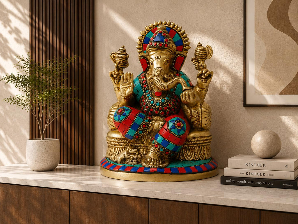 ARTVARKO Ganesha Statue Ganesh Idol Brass with Inlay Work for Home Décor Living Room Office Murti Showpiece Religious Temple 7.5