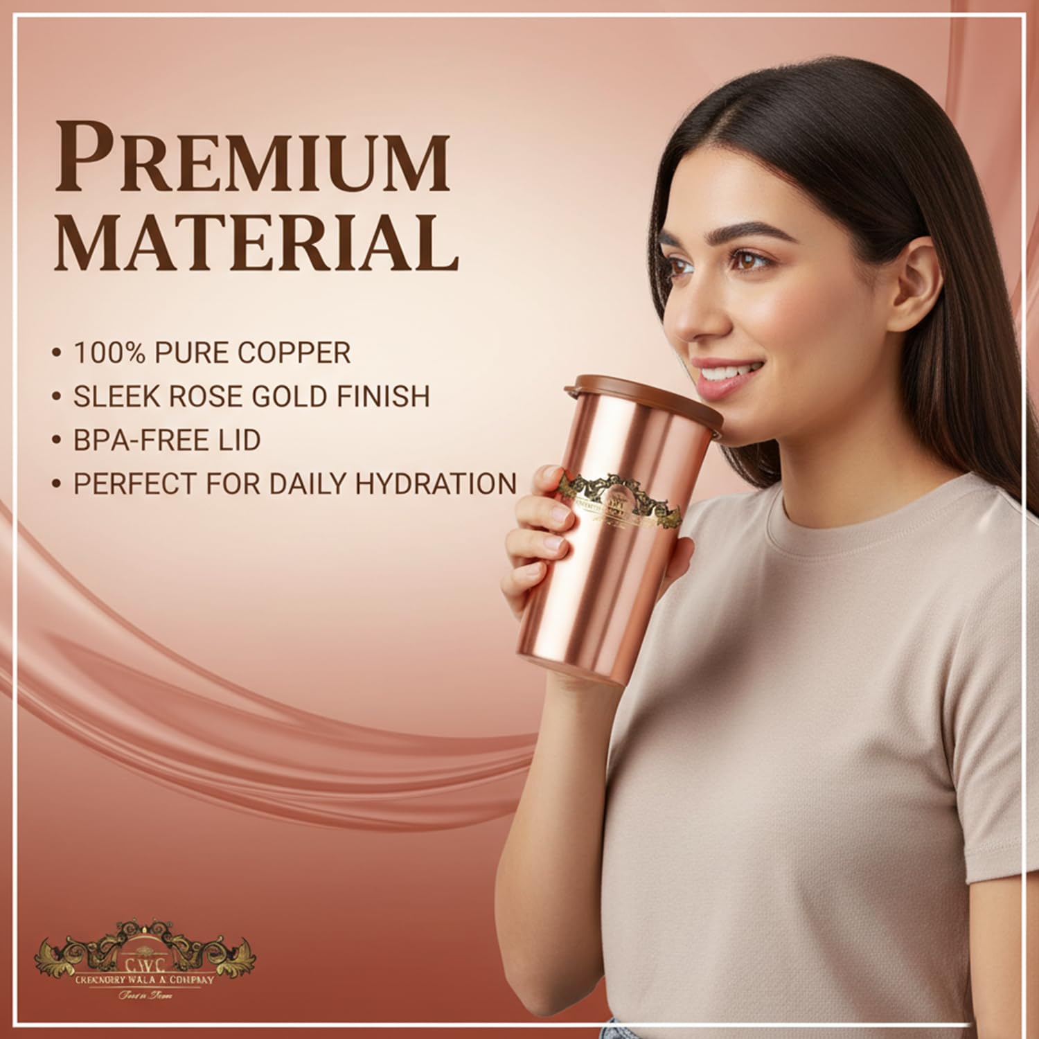cWc Copper Water Tumbler with Lid, 480ml | 100% Pure Copper Drinking Glass | Leak-Proof, BPA-Free | Ayurvedic Water Storage Cup for Daily Hydration | Office, Travel & Home Use