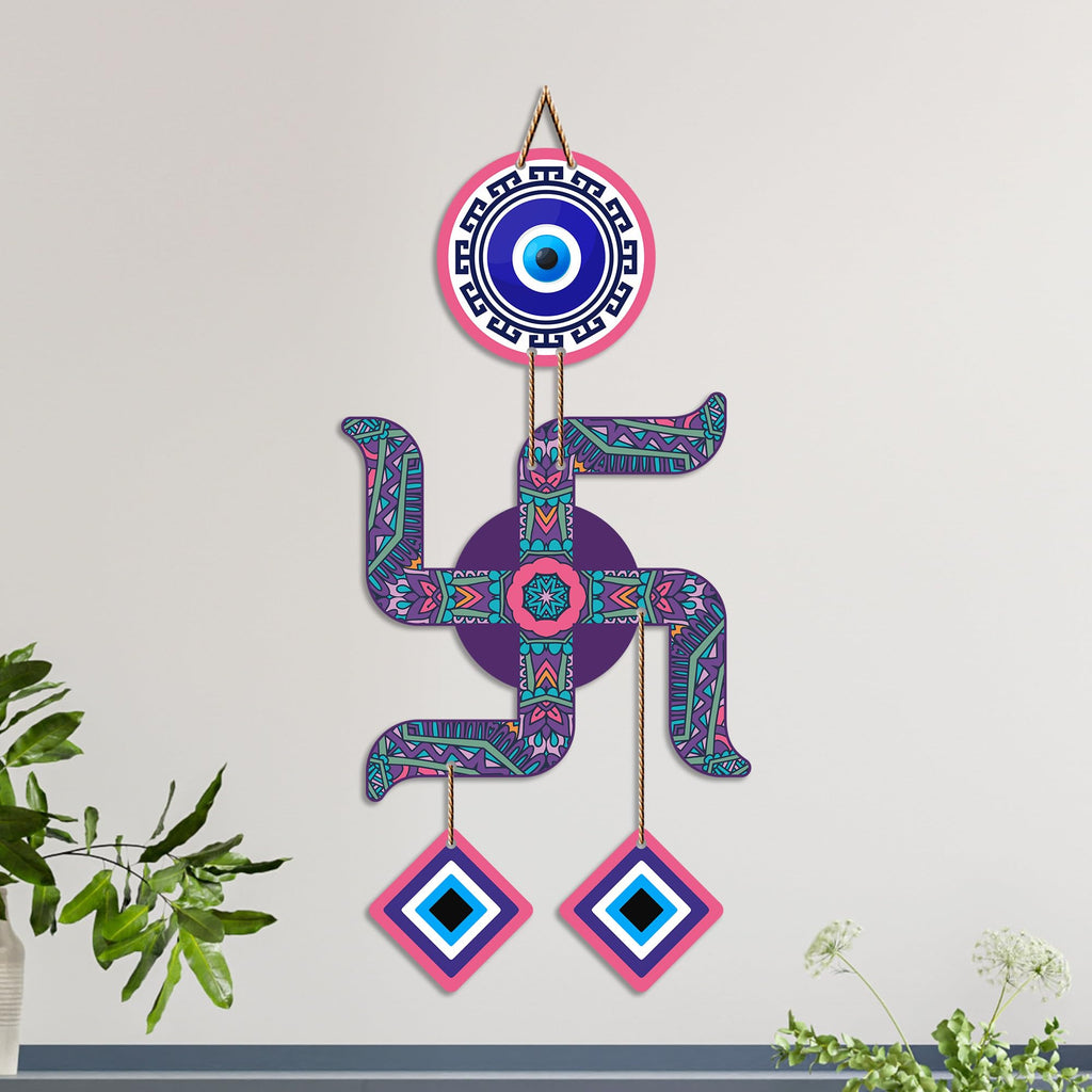 Artvibes Swastik Evil Eye Wall Hanging for Home Entrance Door Decor | Sacred Hindu Swastik Symbol with Nazar Battu Protection for Positive Energy | Good Luck | Vastu & Spiritual Wall Art (WH_85108N)