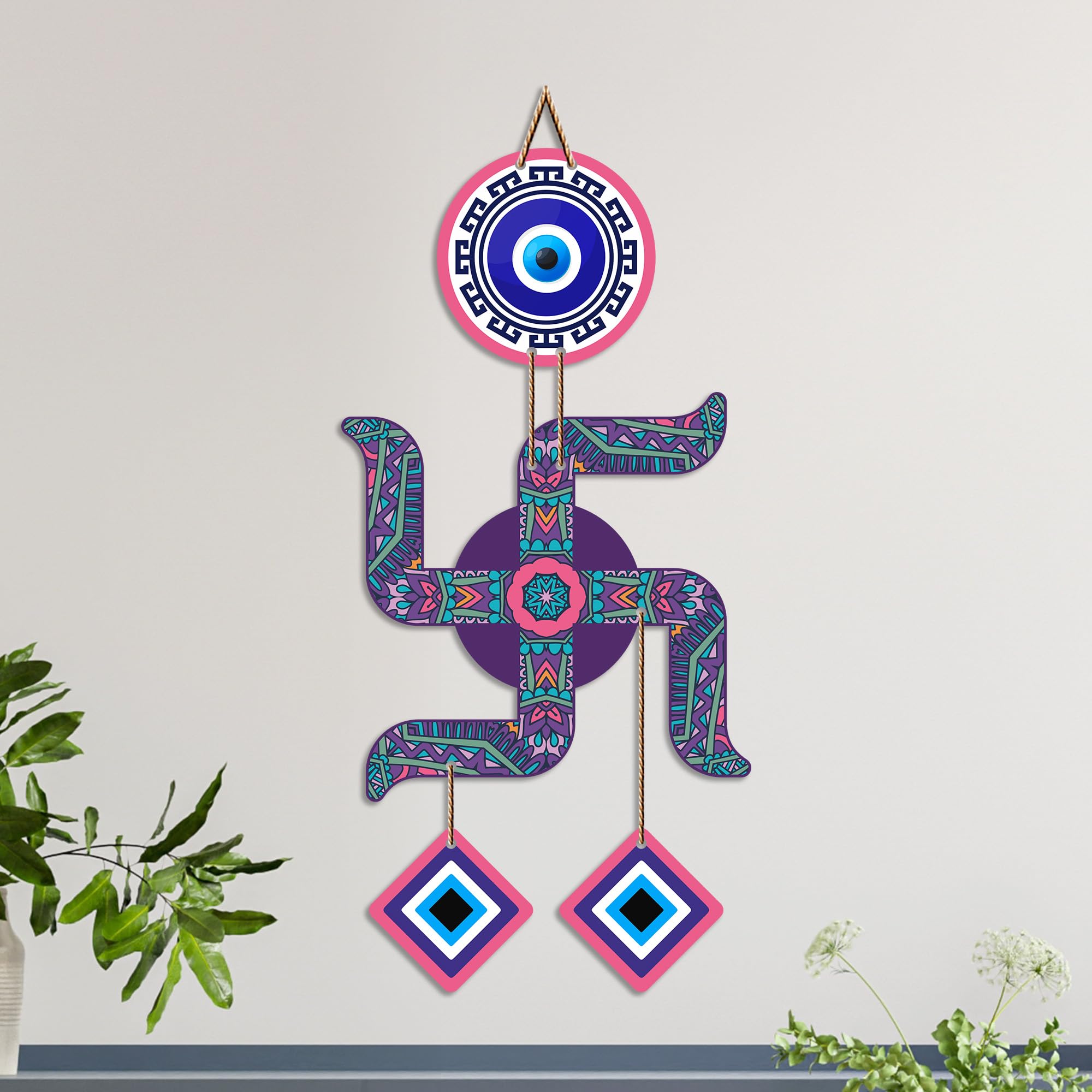 Artvibes Swastik Evil Eye Wall Hanging for Home Entrance Door Decor | Sacred Hindu Swastik Symbol with Nazar Battu Protection for Positive Energy | Good Luck | Vastu & Spiritual Wall Art (WH_85108N)