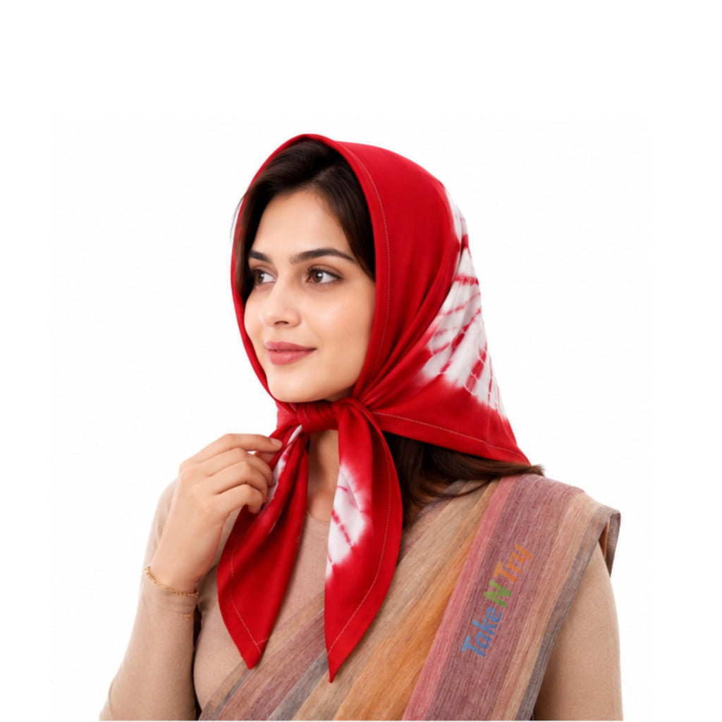 Take N Try Women’s Satin Head Scarf, Square Hair Wrap Cotton Bandana for Head, Neck & Hair, Daily Use, Travel & Ethnic Outfit, 30x30 Inch Fashion Printed Scarves for Female & Ladies Gift (Red)