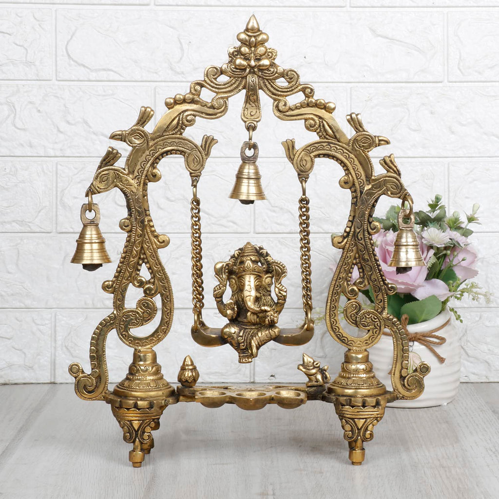 SVARUP Brass Ganesha On Jhoola Swing with Hanging Bells and Diya Showpiece Ganesh Ganpati Jhula for Home Office Temple Puja Décor Gift Height 14 Inch