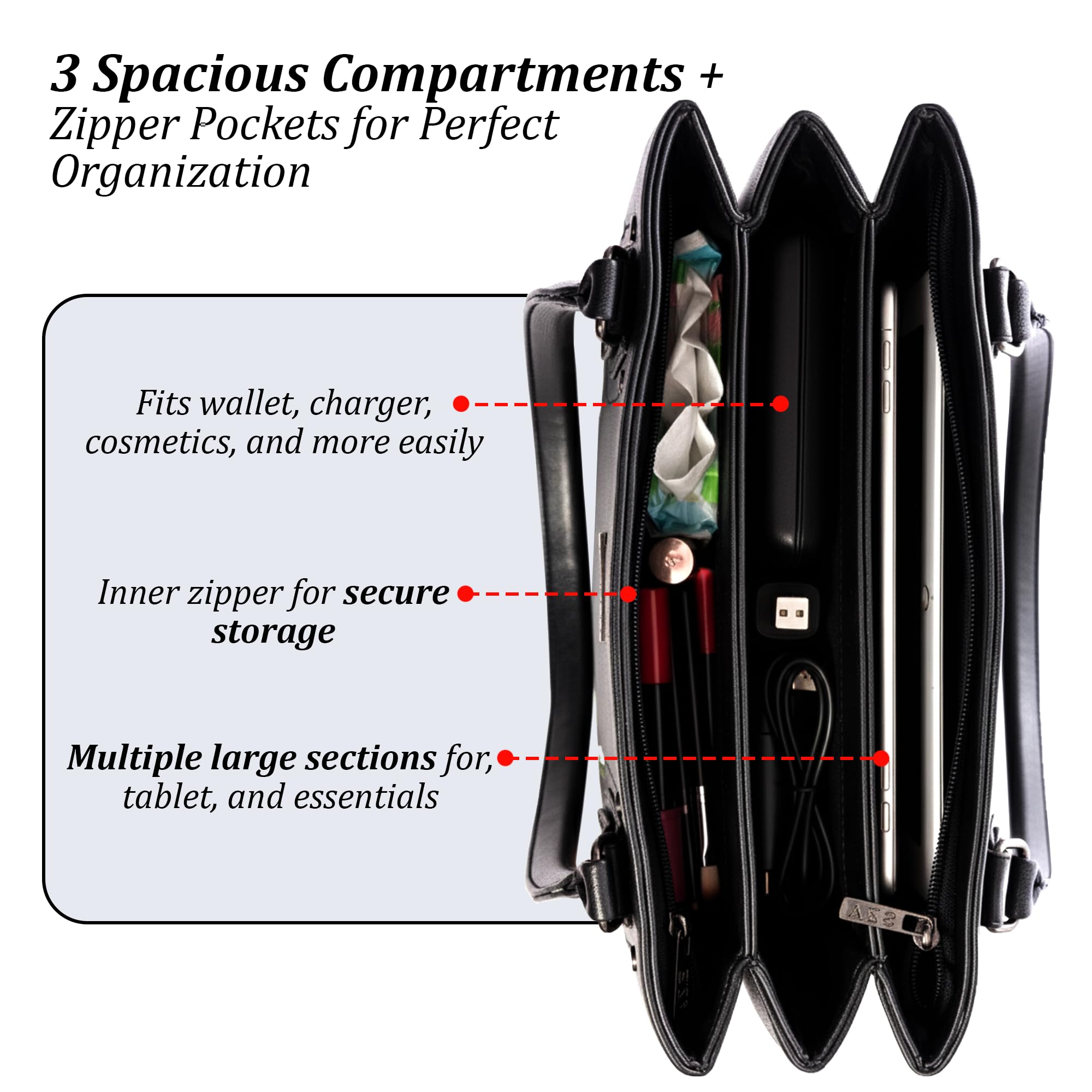 Siza Women Handbag for Office Use, Tote Bag for Women, Stylish Black Shoulder Bag with Zipper, Multi Compartment Travel & Daily Use Handbag (Black)