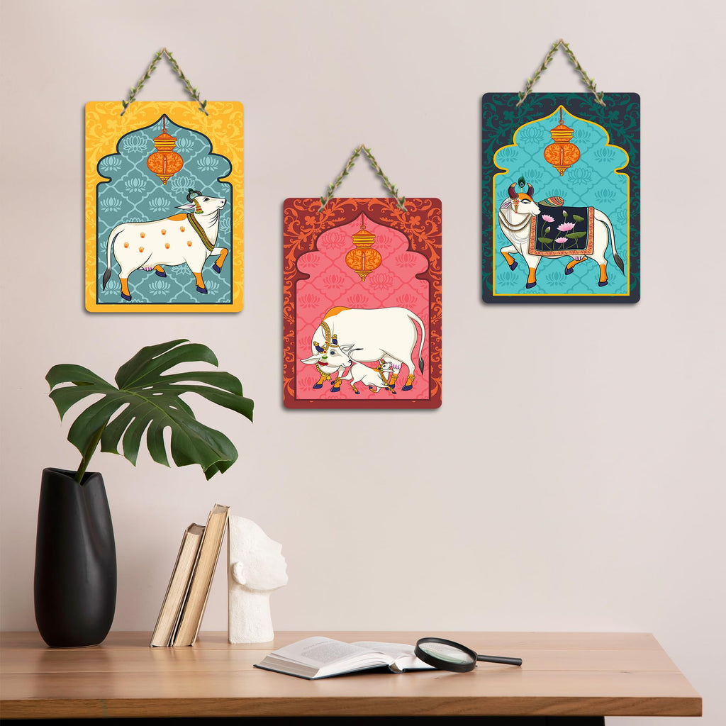 Artvibes Sacred Cows Pichwai Art Decorative Wall Hanging Ornaments | Living Room | Office | Wall Art Painting For Hall | Graphic Artwork | Wall Art Print | Unique Gift Items (WH_96176N), Set of 3